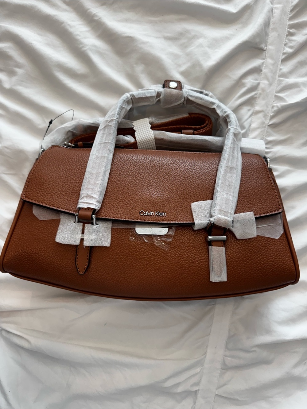 Calvin Klein Pebbled Leather Satchel in Cognac Brown